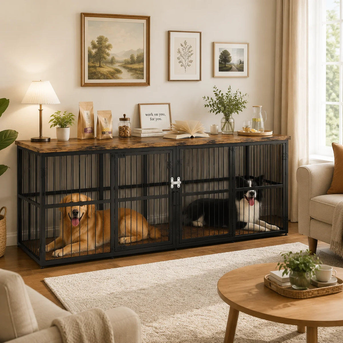87" Extra Large Double Dog Crate Furniture with Divider, Wooden Indoor Dog Kennel Cabinet with 3 Doors Storage Top for 2 Dogs