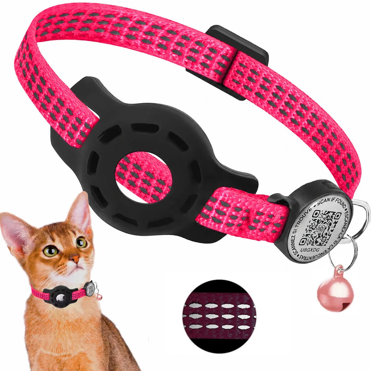 Cat GPS Collar with QR Code Tag & Airtag Case Reflective Apple Tag Cats Collar for Tracker Pet Breakaway Air Tag Kitten Collar