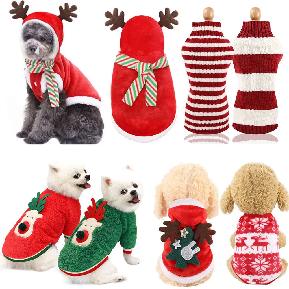 Christmas Dog Hoodies Holiday Puppy Costume Winter Pet Clothes Warm Plush Xmas Santa Elk Sweater Coat for Small Dog Cat Clothing