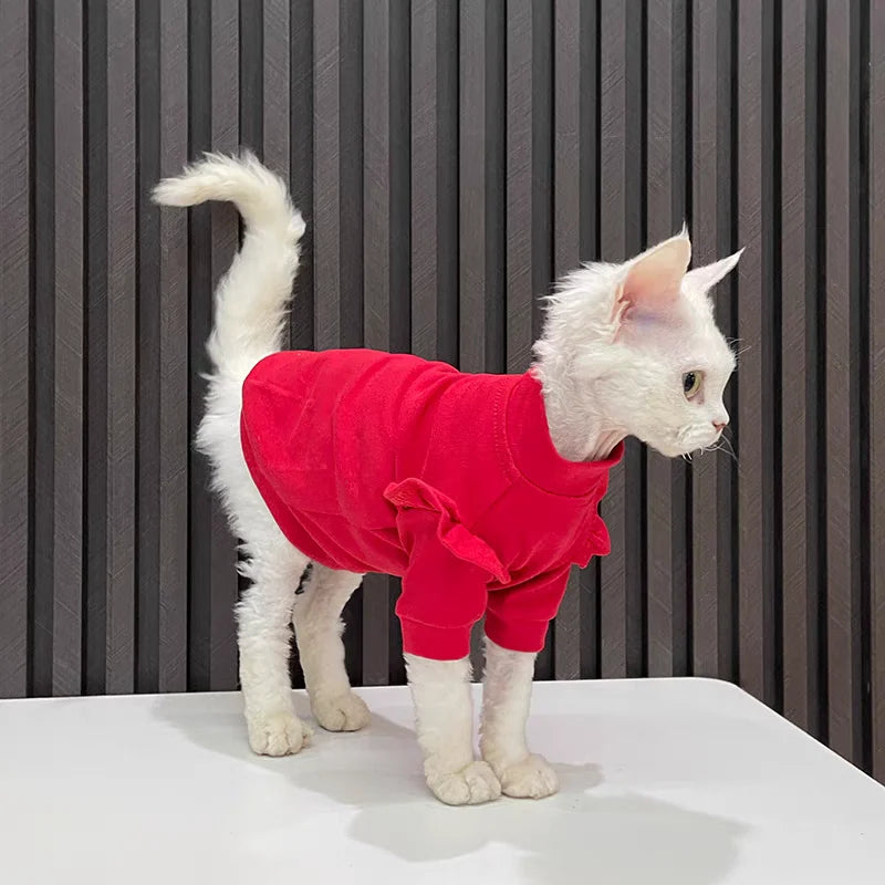 New Year Cat Clothing Ruffle Sleeves Cotton Clothes for Sphynx Winter Warm Sweet Sweater for Kittens Thick Coat for Devon Rex
