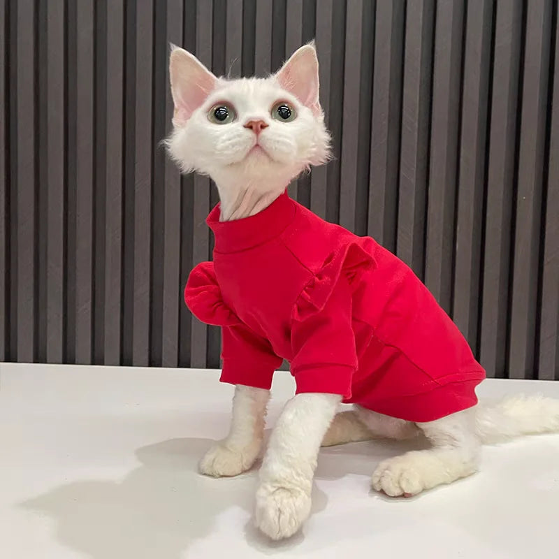 New Year Cat Clothing Ruffle Sleeves Cotton Clothes for Sphynx Winter Warm Sweet Sweater for Kittens Thick Coat for Devon Rex