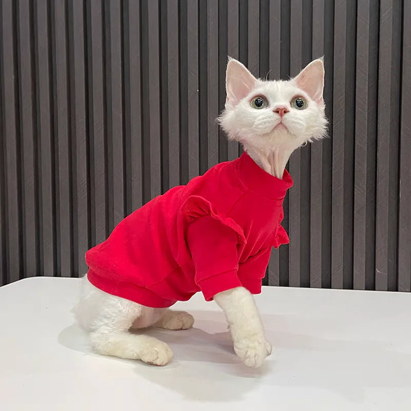 New Year Cat Clothing Ruffle Sleeves Cotton Clothes for Sphynx Winter Warm Sweet Sweater for Kittens Thick Coat for Devon Rex