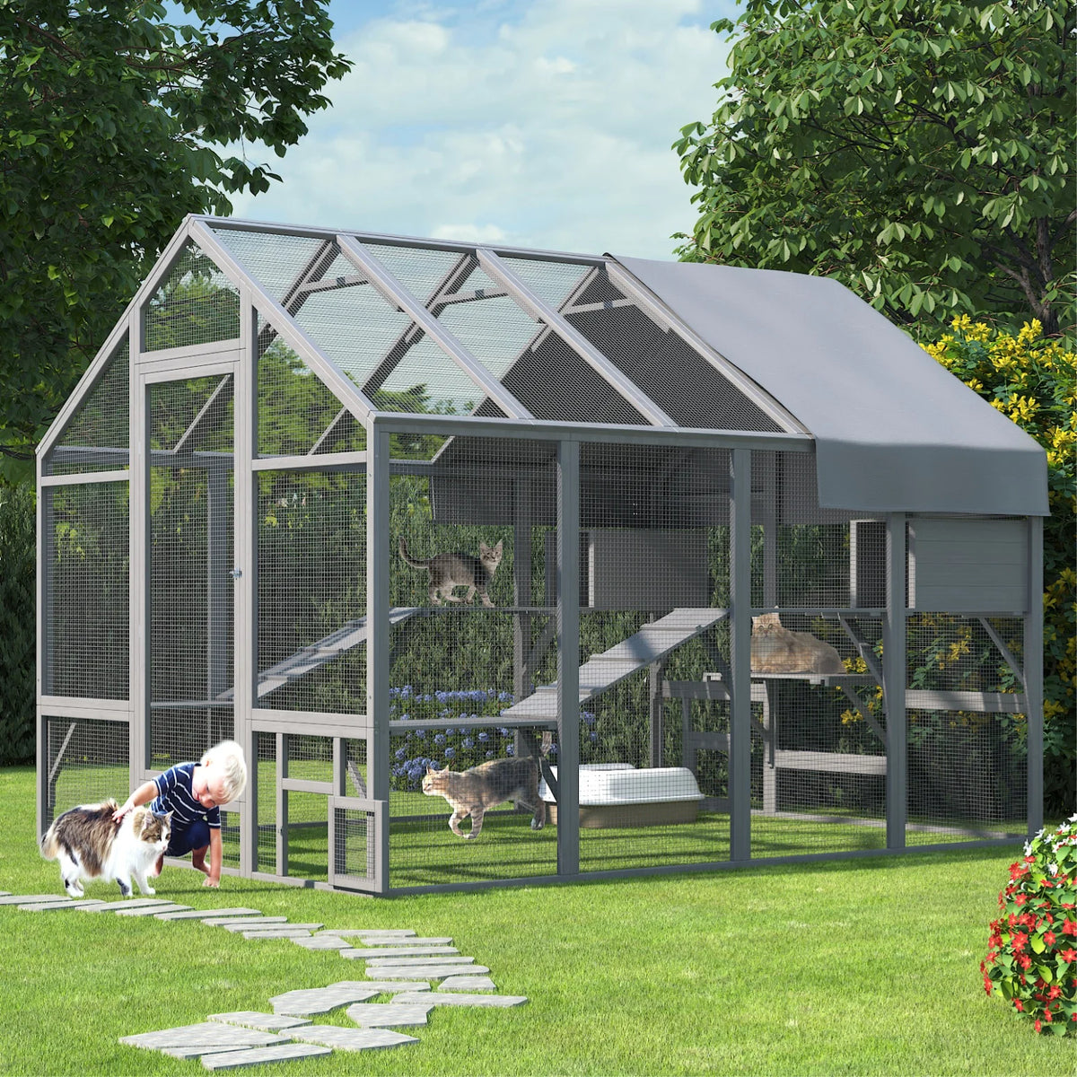96.5" Walk-In Outdoor Cat Enclosure, Extra Large Waterproof Catio for Multiple Cats, Cat Run Cage with 2 Condos, 7 Platforms & Bridges, Grey