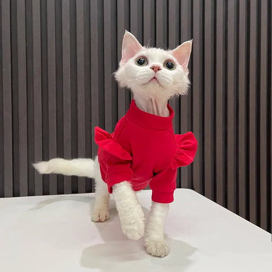 New Year Cat Clothing Ruffle Sleeves Cotton Clothes for Sphynx Winter Warm Sweet Sweater for Kittens Thick Coat for Devon Rex