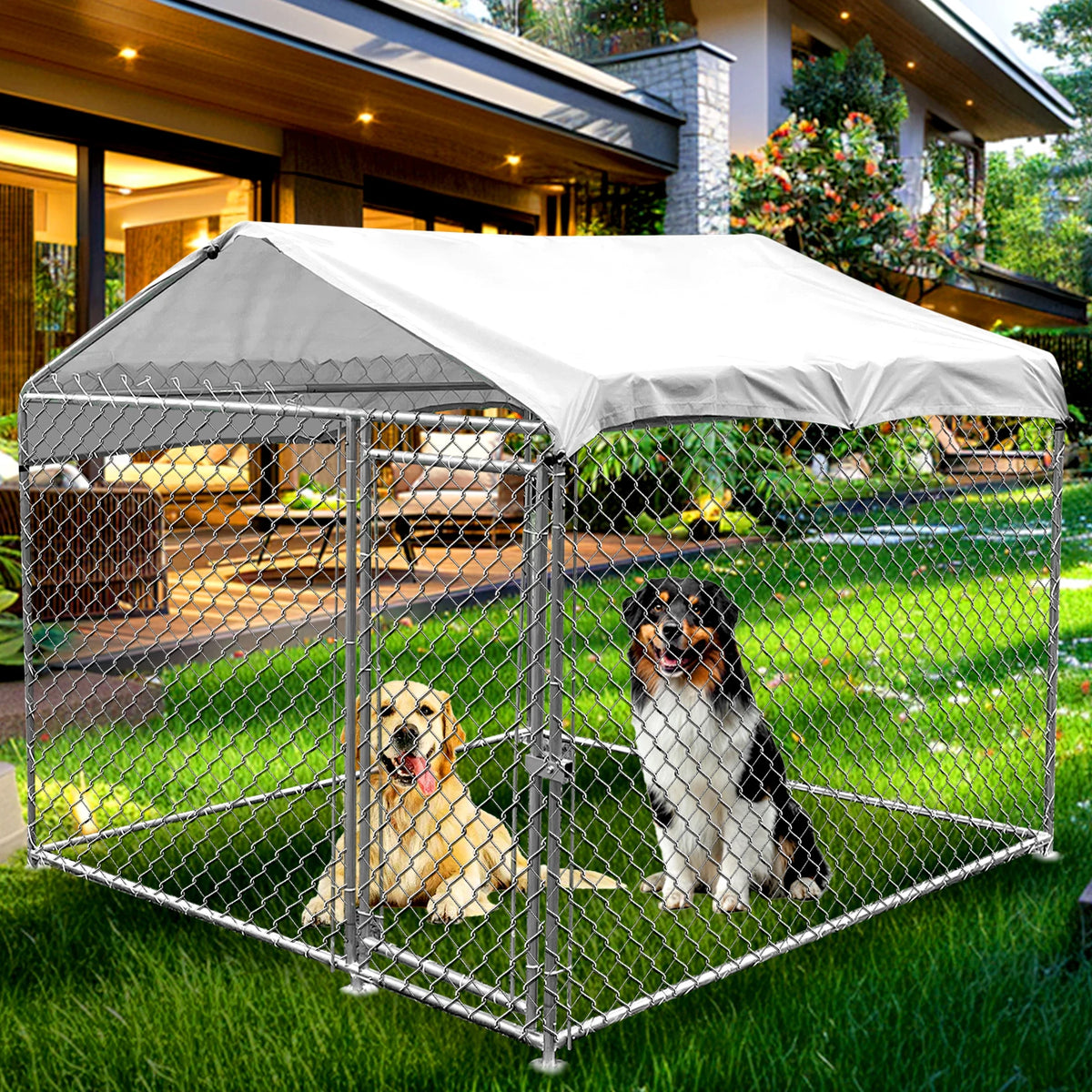 Large Outdoor Dog Kennel 200×200×150cm With Roof Heavy Duty Metal Dog Cage House Waterproof Sun Protection Pet Playpen for Backyard