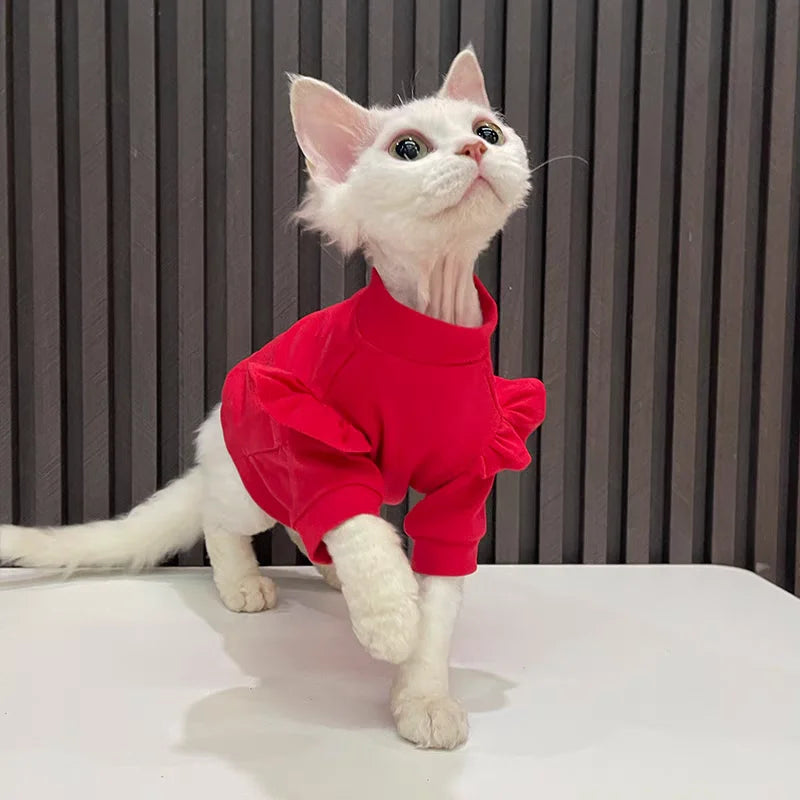 New Year Cat Clothing Ruffle Sleeves Cotton Clothes for Sphynx Winter Warm Sweet Sweater for Kittens Thick Coat for Devon Rex