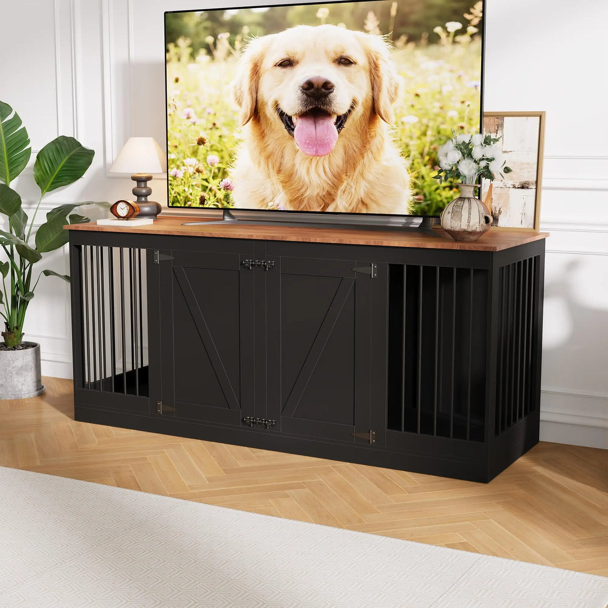 70.8" Farmhouse Dog Crate Furniture TV Stand for 2 Dogs - Heavy-Duty MDF Wooden Kennel with Removable Divider - Reinforced Steel Bars - 2 Lockable Doors, Black