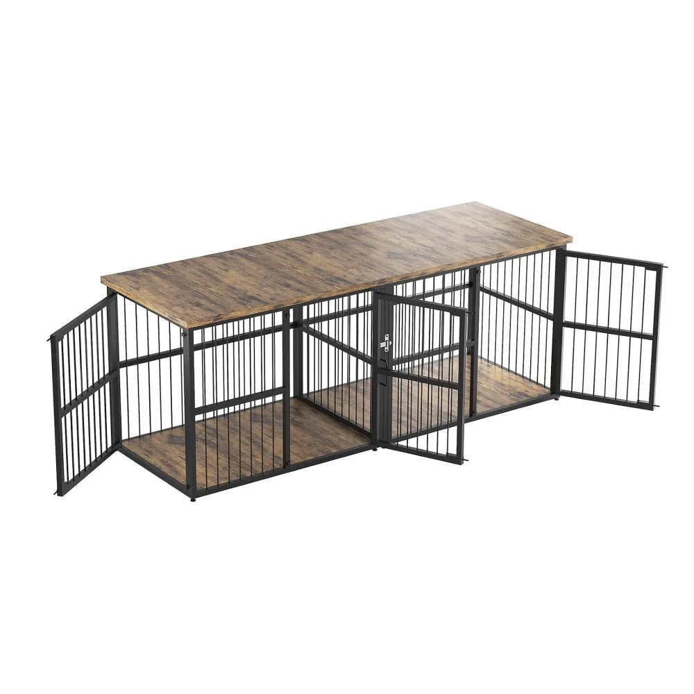 87" Extra Large Double Dog Crate Furniture with Divider, Wooden Indoor Dog Kennel Cabinet with 3 Doors Storage Top for 2 Dogs