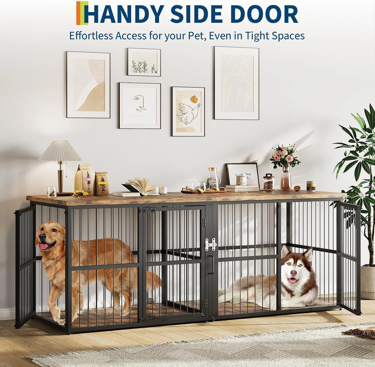 87" Extra Large Double Dog Crate Furniture with Divider, Wooden Indoor Dog Kennel Cabinet with 3 Doors Storage Top for 2 Dogs