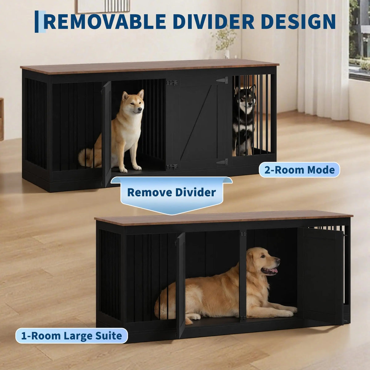 70.8" Farmhouse Dog Crate Furniture TV Stand for 2 Dogs - Heavy-Duty MDF Wooden Kennel with Removable Divider - Reinforced Steel Bars - 2 Lockable Doors, Black