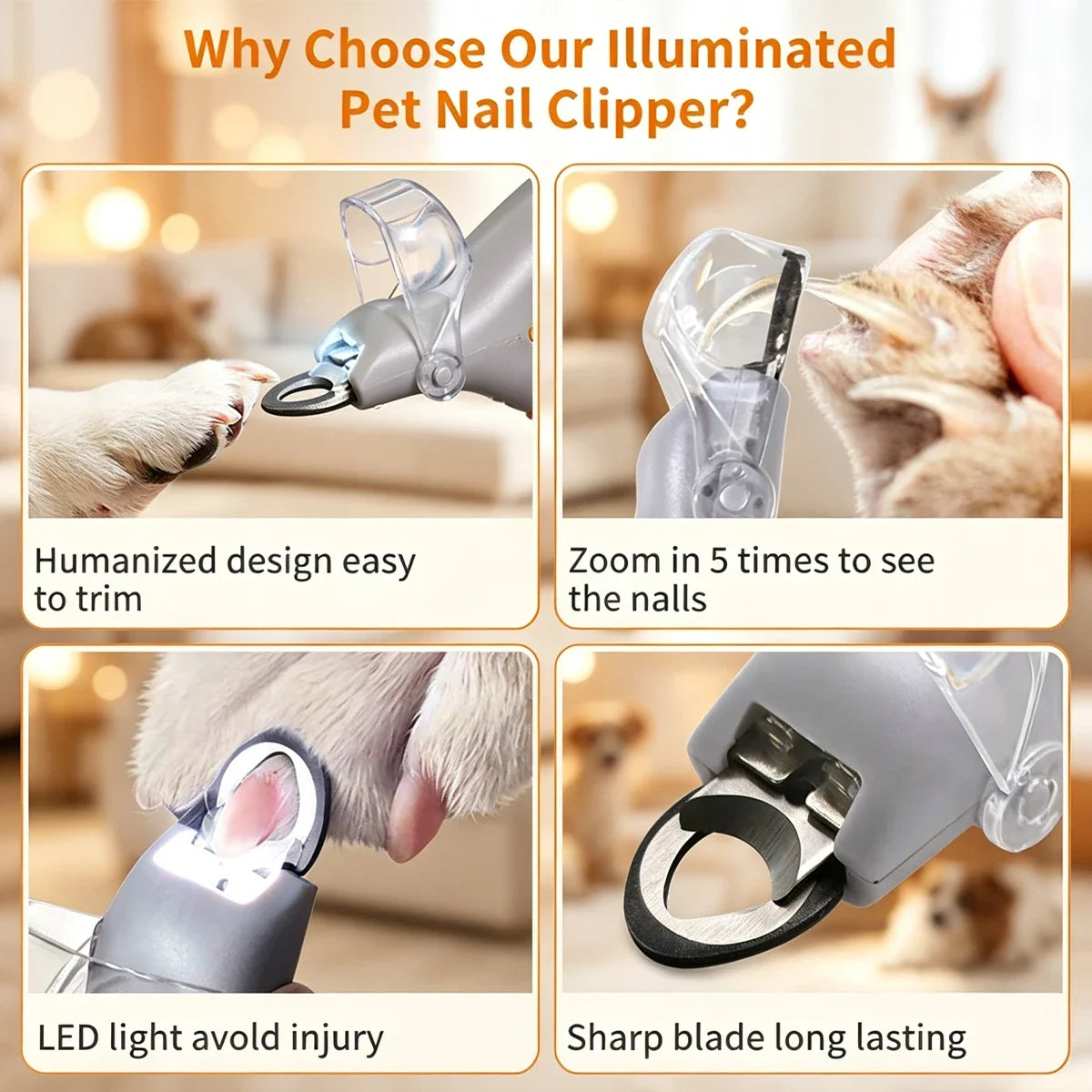 Pet Nail Clipper with LED Light & 5X Magnification, Dog & Cat Claw Trimmer, Pet Grooming Tool for Easy Pet Nail Care