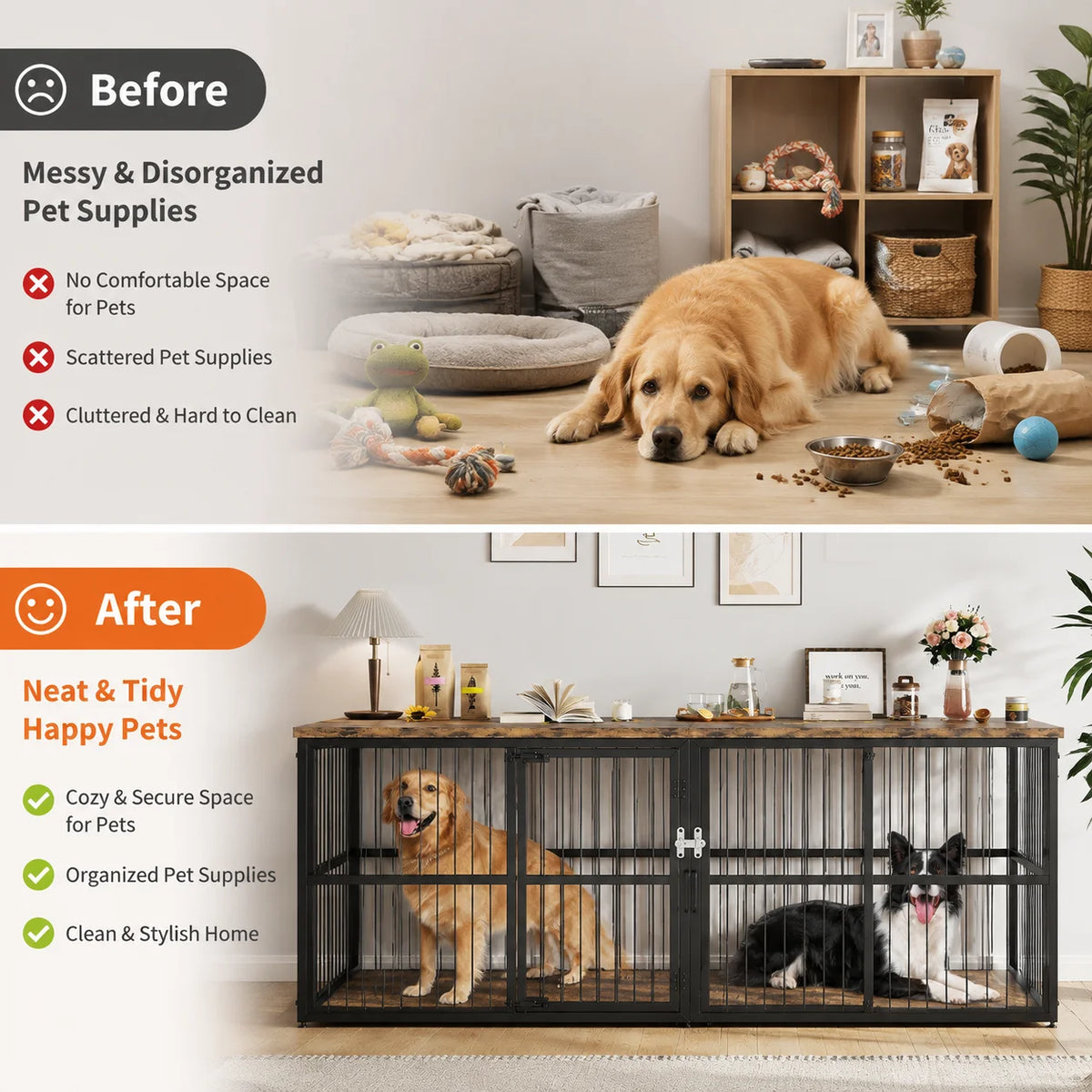 87" Extra Large Double Dog Crate Furniture with Divider, Wooden Indoor Dog Kennel Cabinet with 3 Doors Storage Top for 2 Dogs