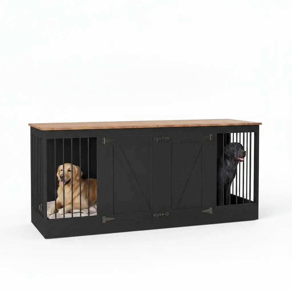 70.8" Farmhouse Dog Crate Furniture TV Stand for 2 Dogs - Heavy-Duty MDF Wooden Kennel with Removable Divider - Reinforced Steel Bars - 2 Lockable Doors, Black
