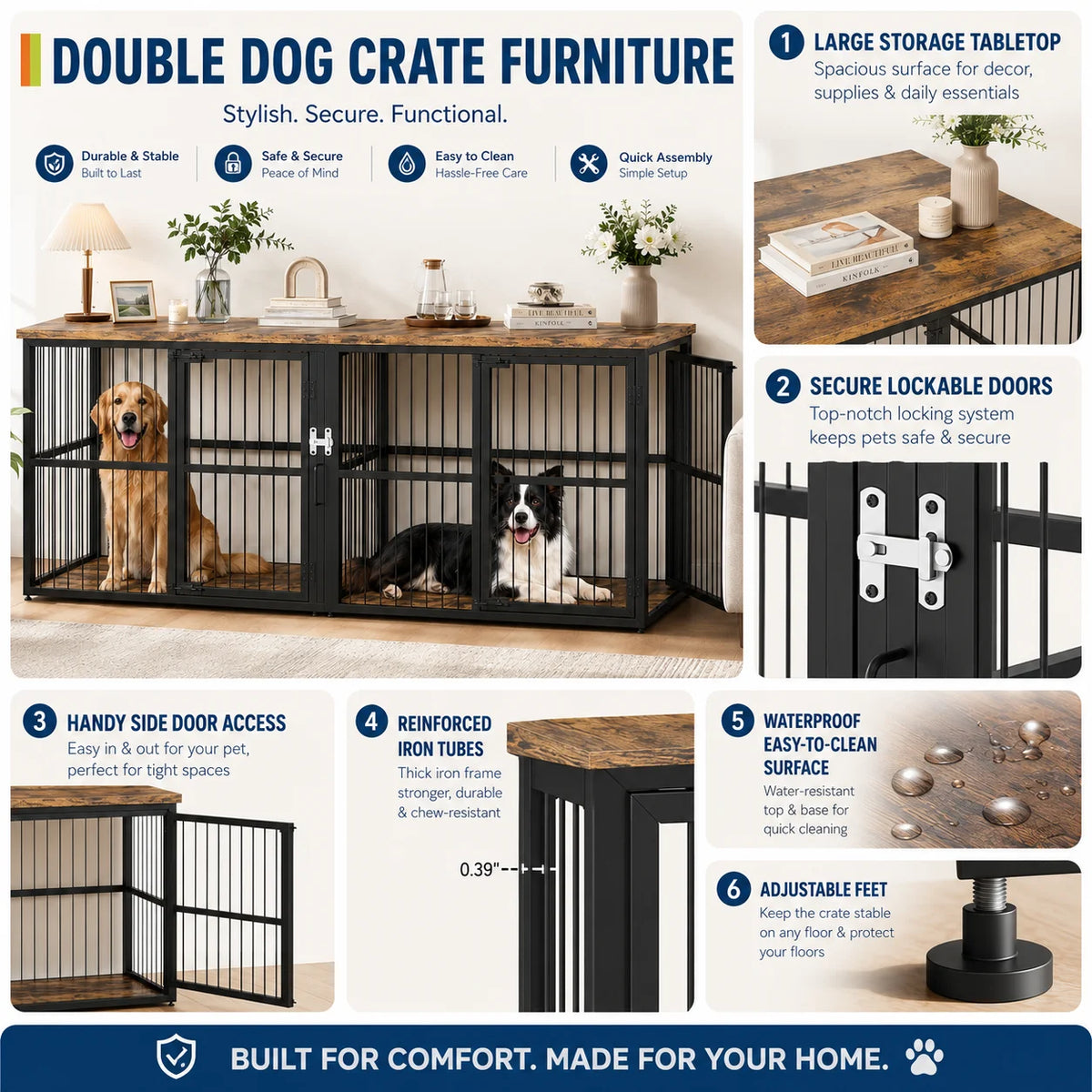 87" Extra Large Double Dog Crate Furniture with Divider, Wooden Indoor Dog Kennel Cabinet with 3 Doors Storage Top for 2 Dogs