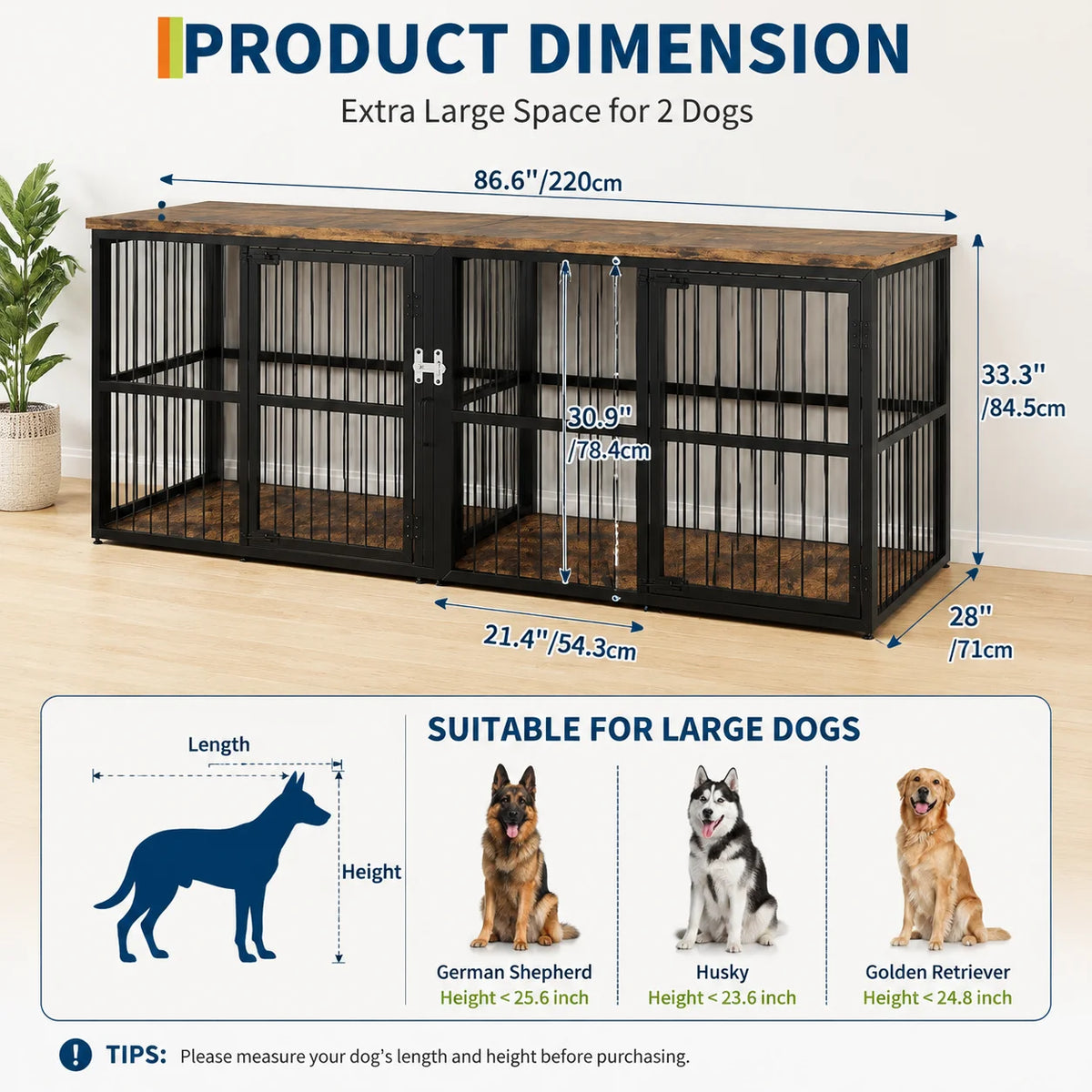 87" Extra Large Double Dog Crate Furniture with Divider, Wooden Indoor Dog Kennel Cabinet with 3 Doors Storage Top for 2 Dogs